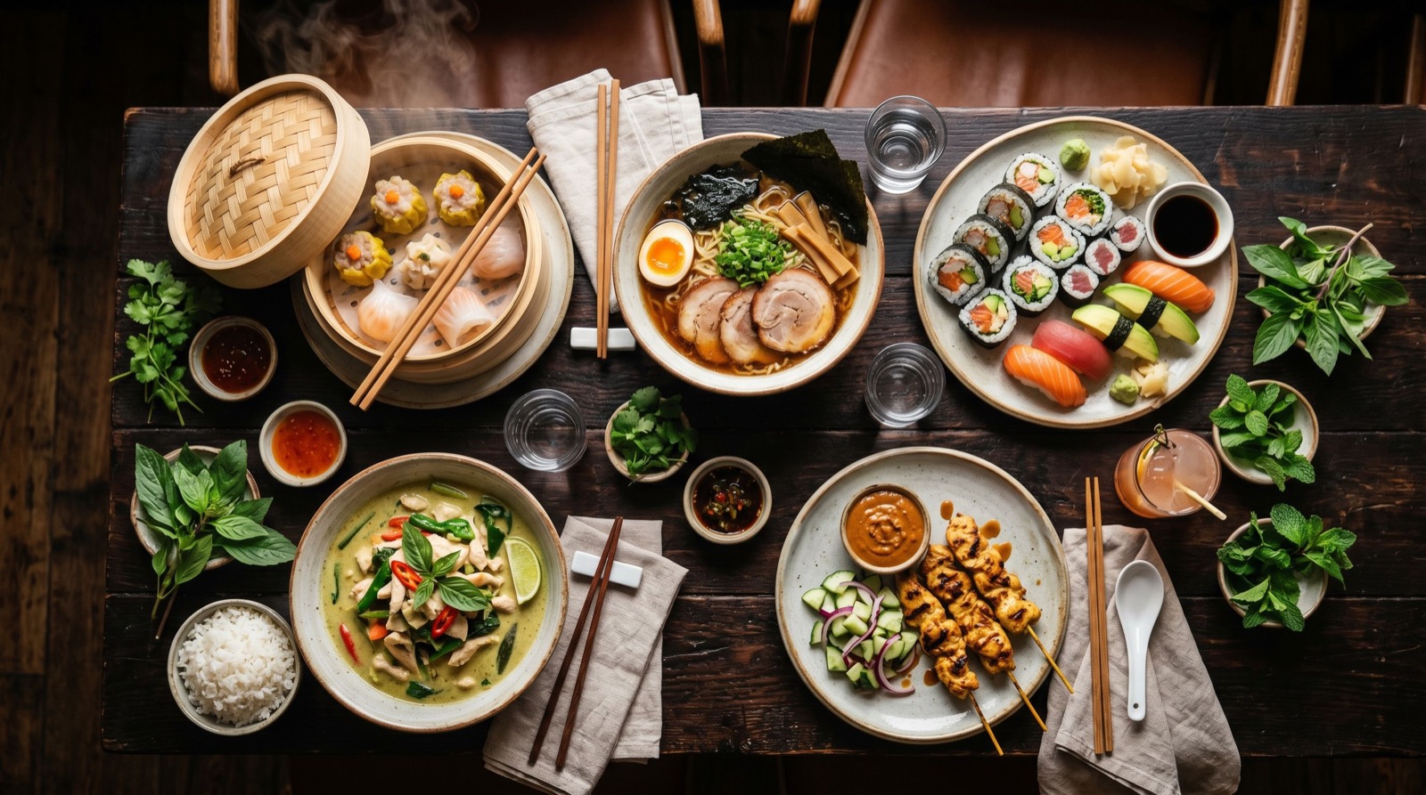 Pan-Asian cuisine spread with sushi, dim sum, curry and satay